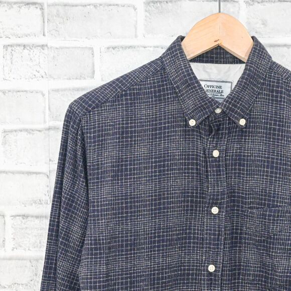 Officine Generale Men's Button Down Flannel Shirt blue check cotton size Small - Picture 4 of 7
